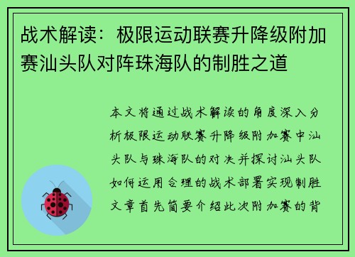 战术解读：极限运动联赛升降级附加赛汕头队对阵珠海队的制胜之道