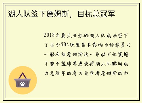 湖人队签下詹姆斯，目标总冠军